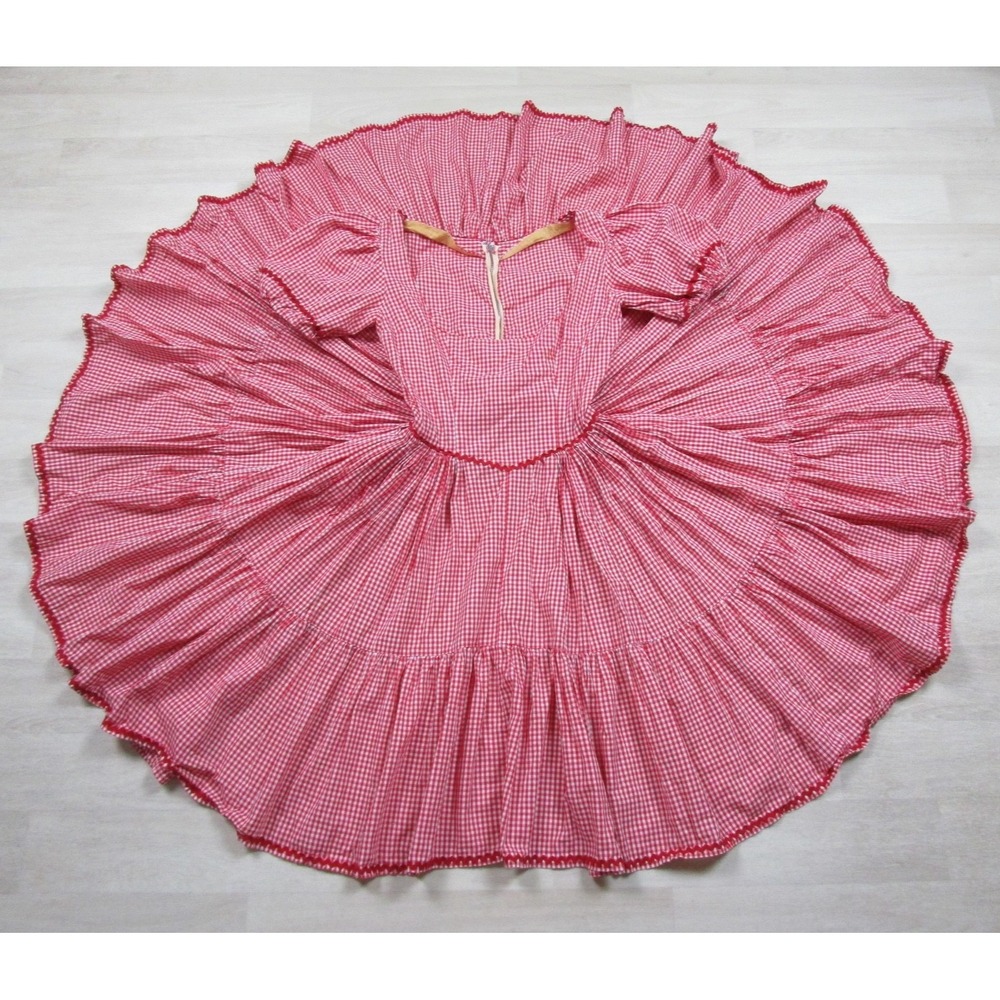 Vintage 50s Red Gingham Square Dance Dress Puff Sleeve Full Circle 25" Waist